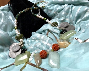 Flowering Moss - Peridot, Agate, Pearl, Quartz, and Luxurious Green Tribal-Inspired Necklace