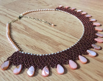 Pink Sunrise - Handmade Netted Seed Bead Necklace With Pink Pearls and Mother of Pearl Accents