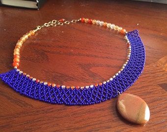 Brilliant Sunset - Beadwoven Netted Seed Bead Necklace in Vibrant Cobalt Seed Beads and Carnelian and Agate