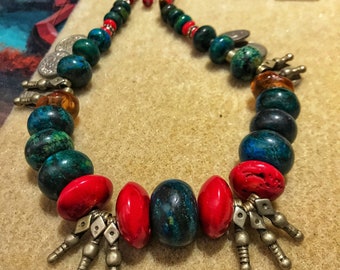 Ocean Reef - Chrysocolla and Coral Necklace