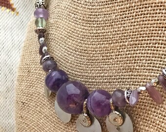 Fluorite Fans - Amethyst, Fluorite, And Silver multi-strand necklace