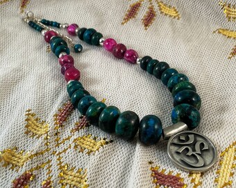 Ohm Pendant Necklace - Vibrant Blue Green and Pink Gemstone Necklace with Silver Ohm Pendant