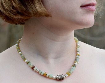 Aventurine Dreams - Rich Bali and Sterling Silver and Aventurine and Pearl Beaded Necklace