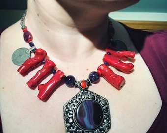 Roots - Coral and large pendant necklace