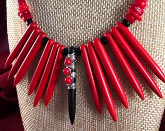 White Witch - Spike Bead Black and Red Coral and Onyx Fan Necklace