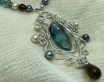 Aurora - Sterling Silver Wire Wrapped Multi-Gemstone Fluorite Necklace