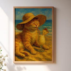 ビーチの猫のポスター | 面白い猫のデコレーション | 猫の壁アート | 夏のアートプリント | デジタルダウンロード | バーカートのデコレーション | 猫のギフト | オレンジ色の猫