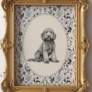 Doodle Dog Floral Portrait Print | Pet Simple Pencil Line Drawing Poster | Vintage Botanical Wall Art | Neutral Black & White, Beige