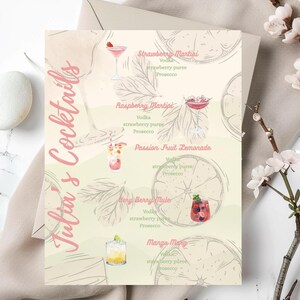Carte de cocktails estivale modifiable - Thème rose et vert - Imprimable et téléchargeable