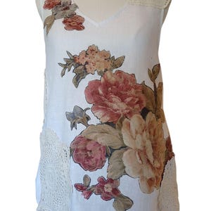 Romantic Reworked Linen Top with Vintage Doilies & Floral Appliqués – A One-of-a-Kind Treasure | Sz L