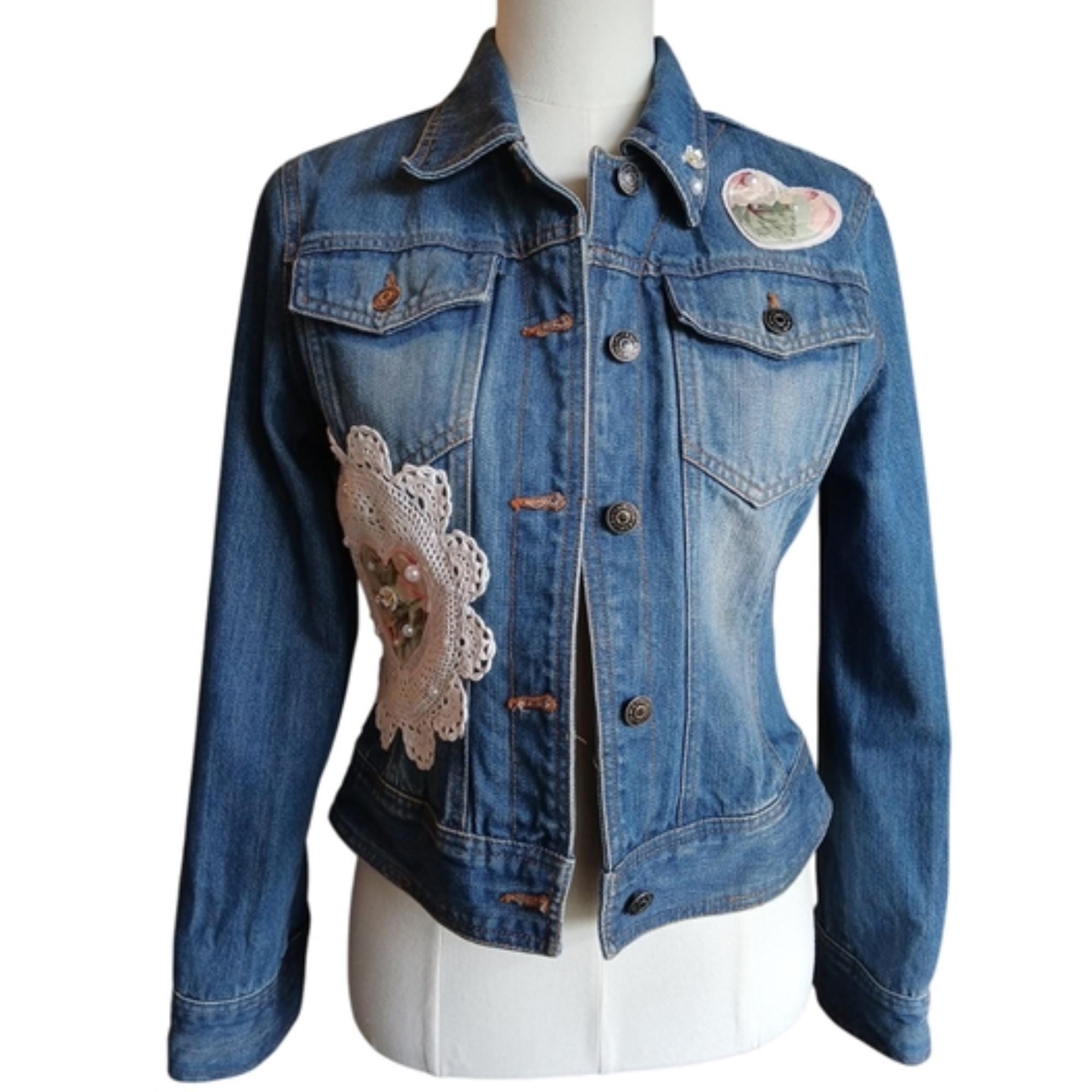 Upcycled, Reworked, Denim Jacket With Doilies and Floral Patches