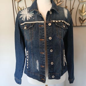 REworked Embellished Rhinestone Denim Jacket with Appliques and Beaded Accents