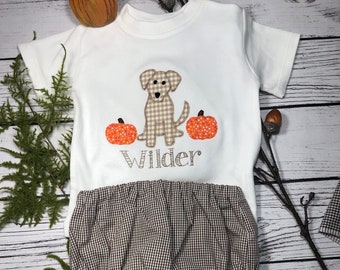 Personalized Fall Dog and Pumpkin Bodysuit Bloomer Set