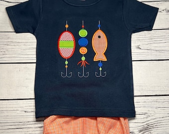 Boys Fishing Lures Applique Shirt Set, Orange Gingham Shorts