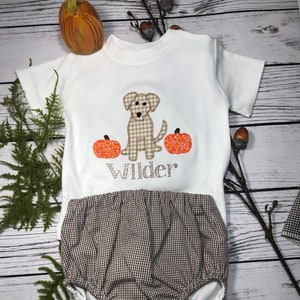 Dog with Pumpkins Bodysuit and Bloomer Set, Monogrammed Shirt with Shorts or Pants, Fall Pumpkin Dog Monogram Shirt, Boys or Girls Shirt