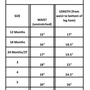 May include: A chart showing the size, waist measurement in inches, and length in inches for custom-made shorts and pants for children. The sizes range from 12 months to 6.