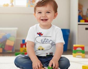 Toddler Boys Embroidered Transportation Shirt, Monogrammed Plane Car Train