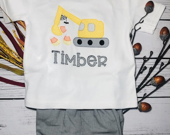 Boys Halloween Excavator Shirt and Gingham Shorts Set, Personalized