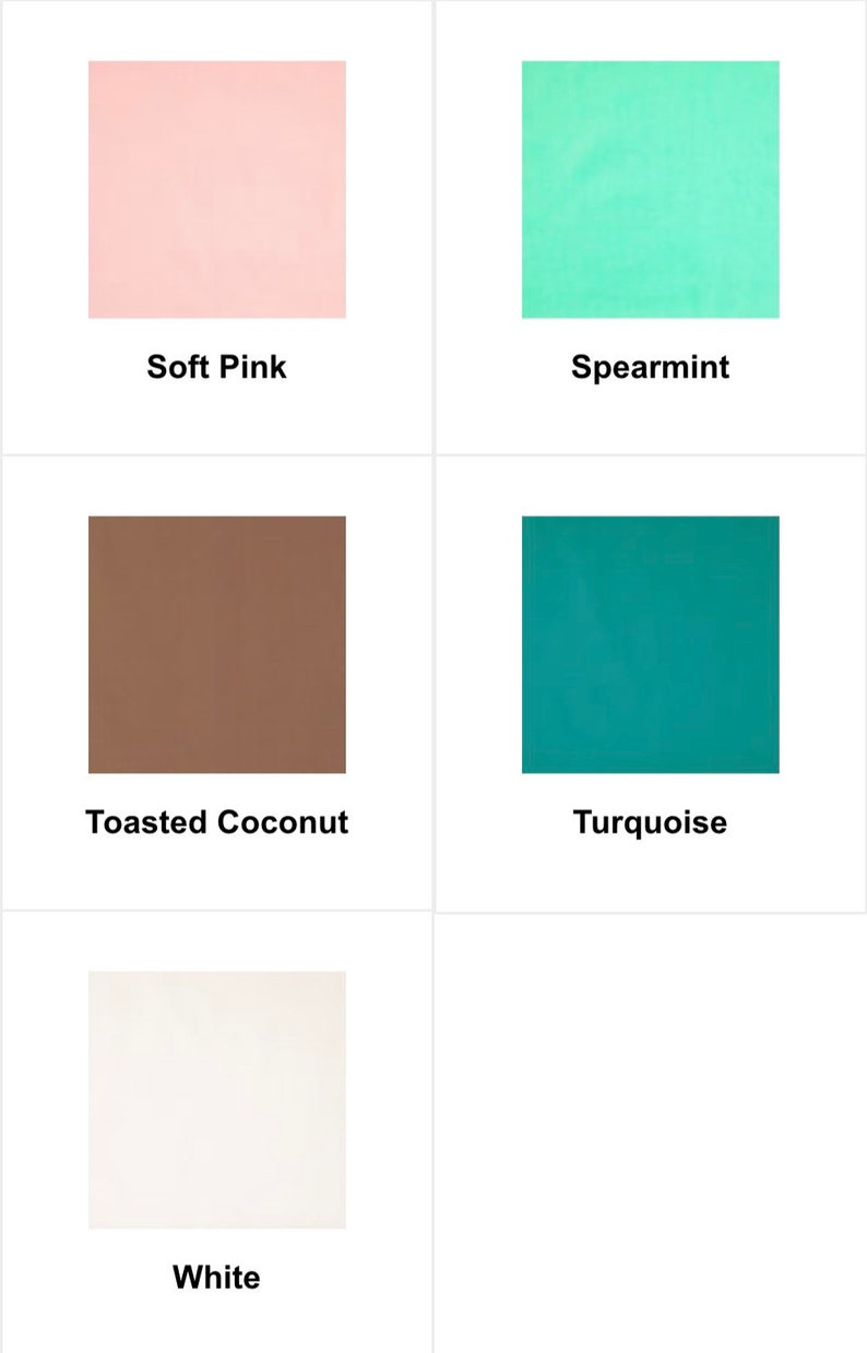 May include: A color palette featuring five solid color swatches: Soft Pink, Spearmint, Toasted Coconut, Turquoise, and White. Each color is displayed in a square with the color name below it. Ideal for design inspiration or color selection.