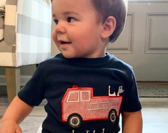 Fire Truck Applique Shirt & Gingham Shorts Set