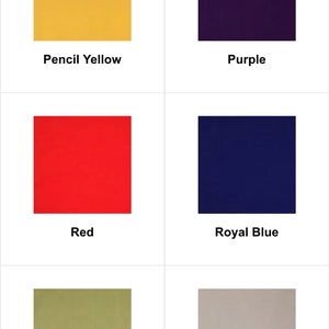 May include: A collection of six color swatches, each in a square shape. The colors include pencil yellow, purple, red, royal blue, sage, and silver. Each swatch has the color name displayed below it.
