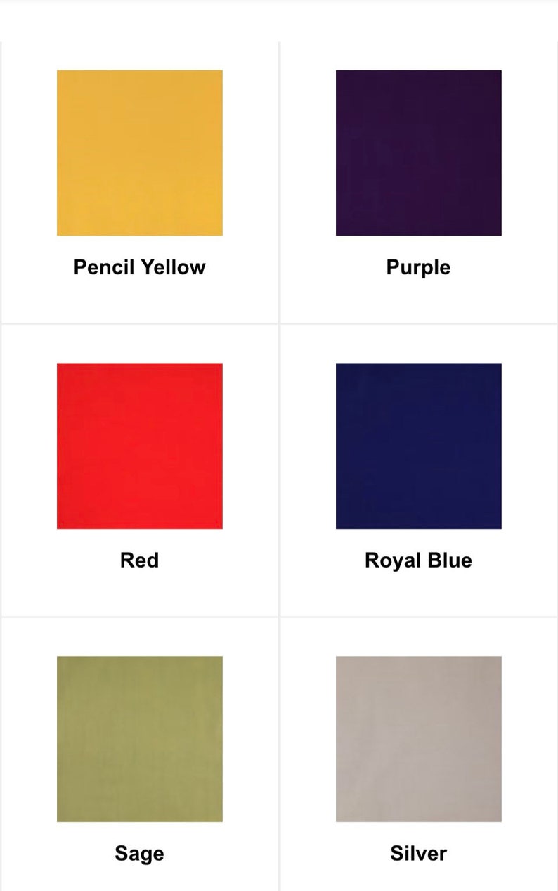 May include: A collection of six color swatches, each in a square shape. The colors include pencil yellow, purple, red, royal blue, sage, and silver. Each swatch has the color name displayed below it.