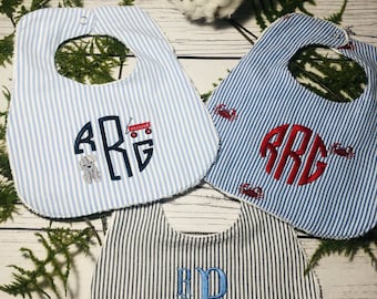 Monogrammed Seersucker Bibs, Terry Backed, Set of 3