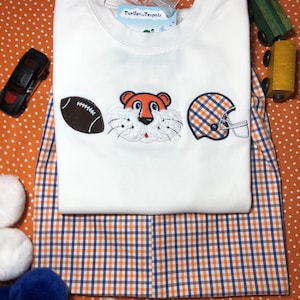 FOOTBALL HELMET TIGER Face Tee or Short Set, Fully Lined Gingham Shorts, Applique Shorts Set, Football Shorts Set, Toddler Shorts Set