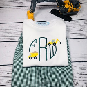 BOYS MONOGRAMMED CONSTRUCTION Themed Shirt and Shorts Set, Monogrammed Shorts Set, Dump Truck Monogram, Backhoe Monogram, Gingham Shorts Set
