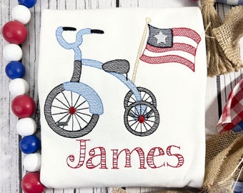 Patriotic Boys Outfit, Tricycle Applique Shirt, Gingham Shorts Set