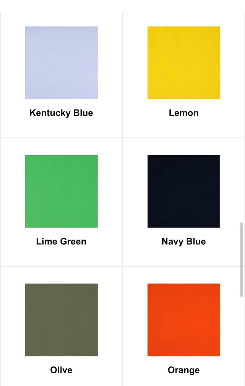 May include: A grid of six color swatches: Kentucky Blue, Lemon, Lime Green, Navy Blue, Olive, and Orange. Each swatch is a solid square with the color name below it.