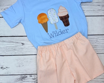 Monogrammed Ice Cream Applique Shirt and Seersucker Shorts Set