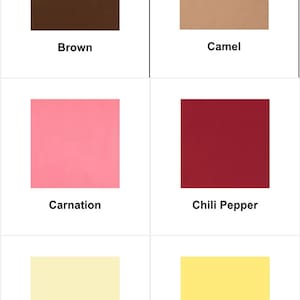 May include: A color palette featuring six solid color swatches. The colors are brown, camel, carnation, chili pepper, cream, and daffodil. Each color is displayed in a square with the color name below it.
