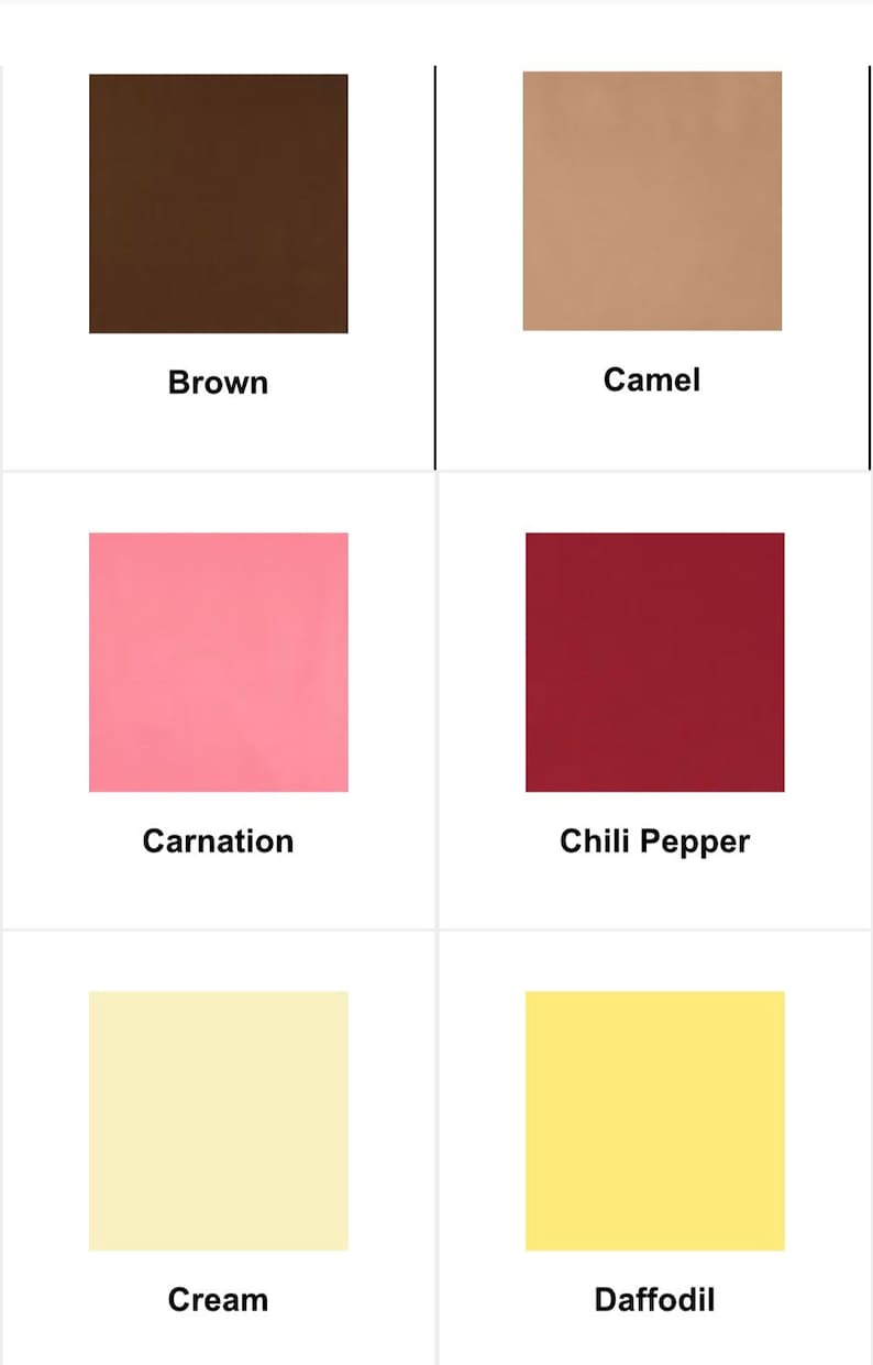 May include: A color palette featuring six solid color swatches. The colors are brown, camel, carnation, chili pepper, cream, and daffodil. Each color is displayed in a square with the color name below it.