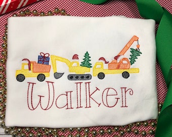 Construction Vehicle Christmas Monogram Shirt, Kids Holiday Outfit