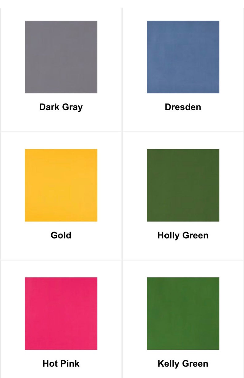 May include: A color palette featuring six solid color swatches: Dark Gray, Dresden, Gold, Holly Green, Hot Pink, and Kelly Green. Each color is displayed in a square against a white background, with the color name below.
