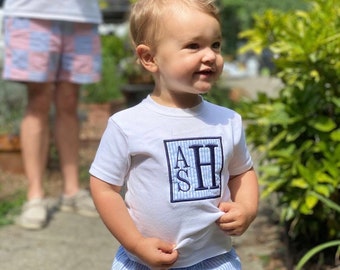 Boys Seersucker Short Set, Appliqued Monogrammed Shirt
