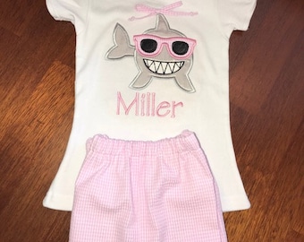 Girls' Gingham Seersucker Shorts Set, Smiling Shark Applique