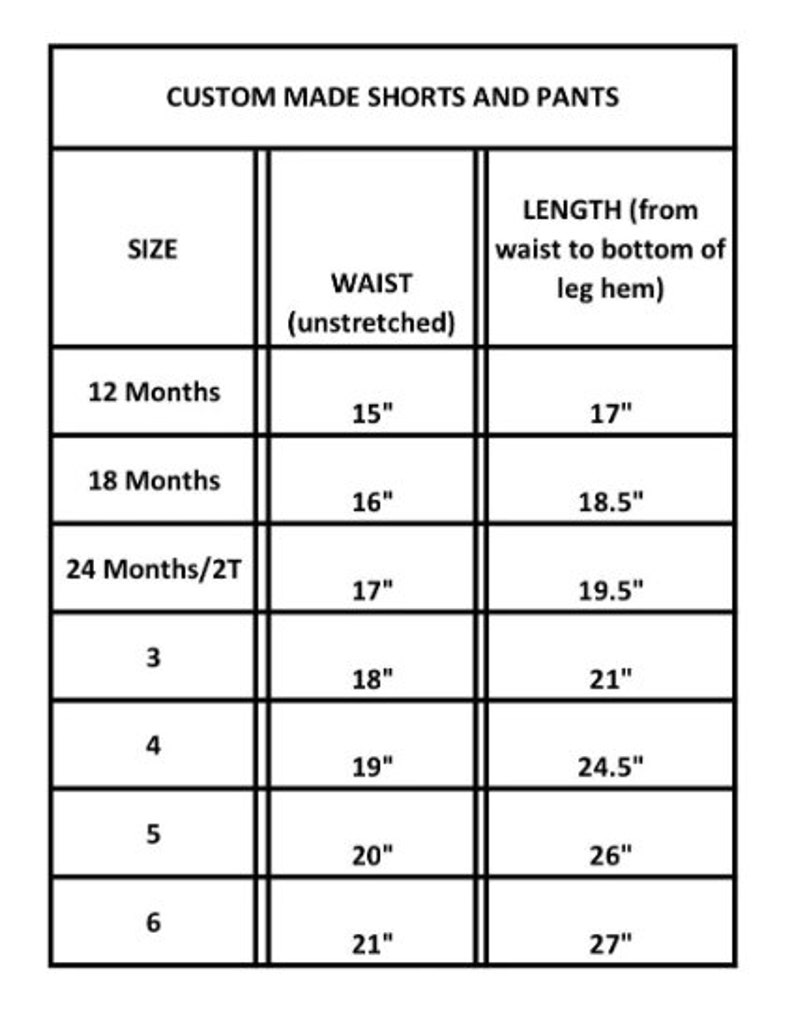 Pode incluir: Um gr&aacute;fico mostrando o tamanho, a medida da cintura em polegadas e o comprimento em polegadas para shorts e cal&ccedil;as feitos sob medida para crian&ccedil;as. Os tamanhos variam de 12 meses a 6 anos.