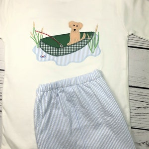 Boys Fishing Shirt, Applique Boat Shirt, Applique Dog in Boat, Seersucker Short Set, Personalized Short Set, Boys Monogrammed Short Set