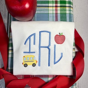 Back to School PRESCHOOL KINDERGARTEN MDO Fun Personalized Embroidered Shirt or Shirt and Shorts Set, School Bus and Apple Shirt