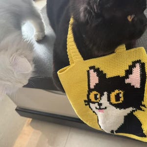 Kawaii Cat Crochet Bag – Handmade Yellow Tote with Cartoon Kitty, Cute Knitted Animal Bag for Girls, Teen Gift Idea