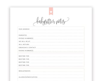 Babysitter Notes Printable, Baby Sitter Printable, Sitter Information Printable, Emergency Contacts, Babysitter Form, Contact Information