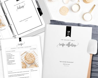 May include: A black and white printable recipe book cover with the text "The Walker Family recipe collection" and the quote "Life is uncertain. Eat dessert first."  The cover also features a black and white illustration of a fork, knife, and spoon.