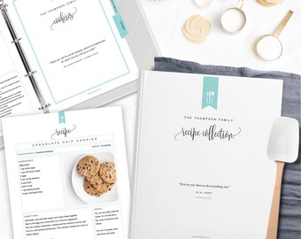 May include: A white binder with a blue tab labeled "Cookies" and a recipe for chocolate chip cookies. The binder has a quote that says "Bakery will give to the moment, whatever it is, employment.  For which your heart will ask and get if it would." The recipe is from "The Thompson Family Recipe Collection" and includes ingredients, directions, and notes.