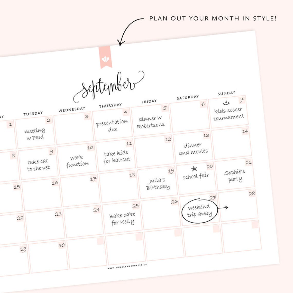 Printable Calendar, Undated Calendar Printable, Monthly Planner