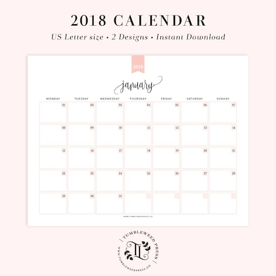 2018 printable calendar monthly planner printable month at a etsy