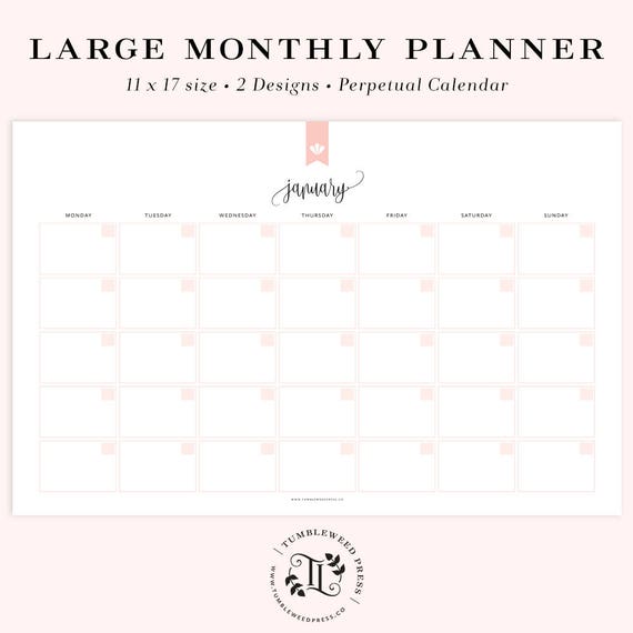 Large Printable Calendar, Undated Calendar Printable, Monthly Planner, Perpetual Calendar, Month at a Glance, 11x17 INSTANT DOWNLOAD - Etsy