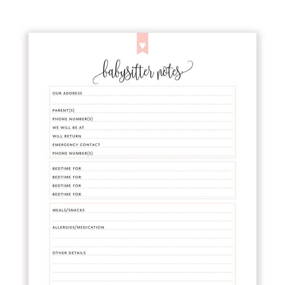 Babysitter Notes Printable Baby Sitter Printable Sitter - Etsy