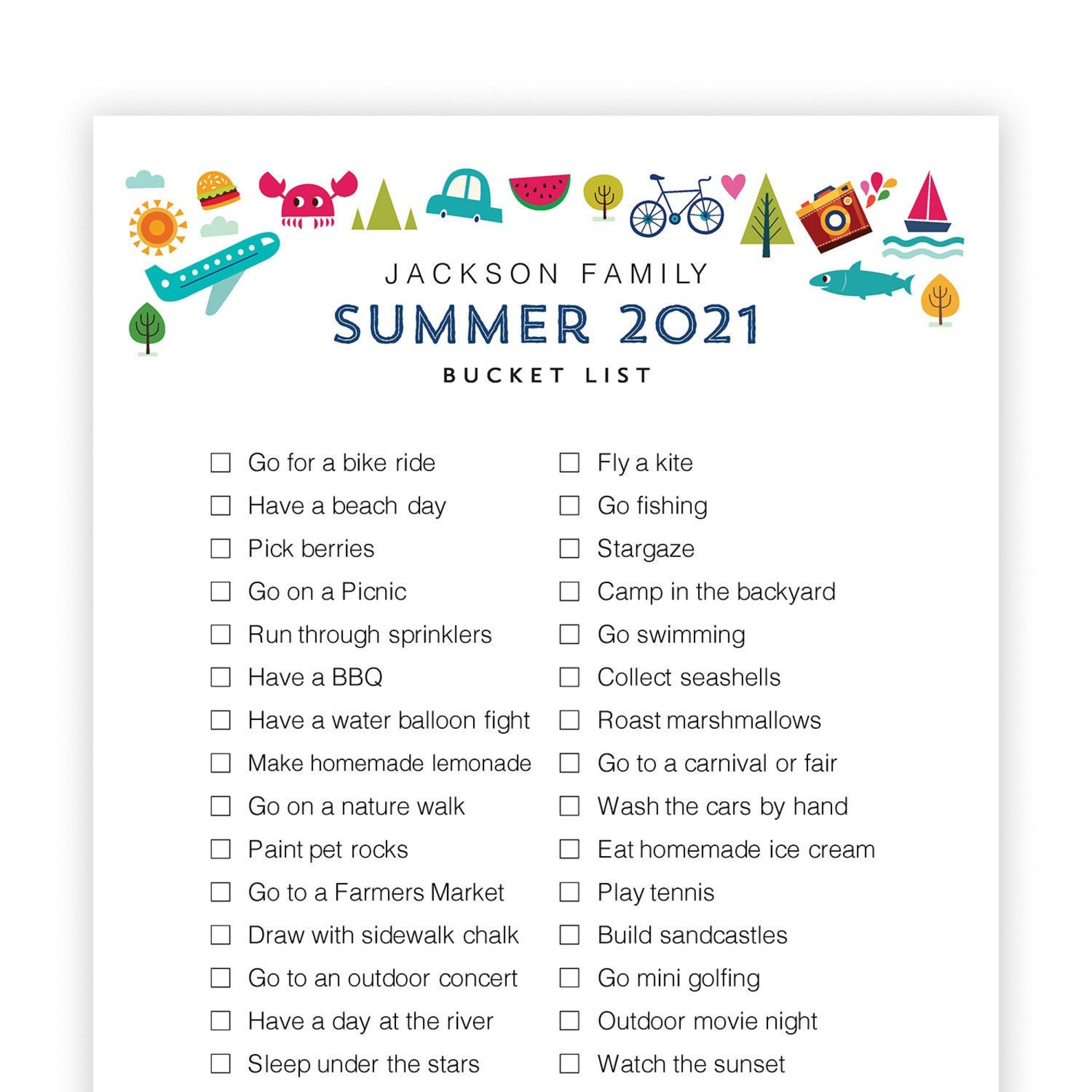 Summer Bucket List Printable Family Bucket List Printable Etsy